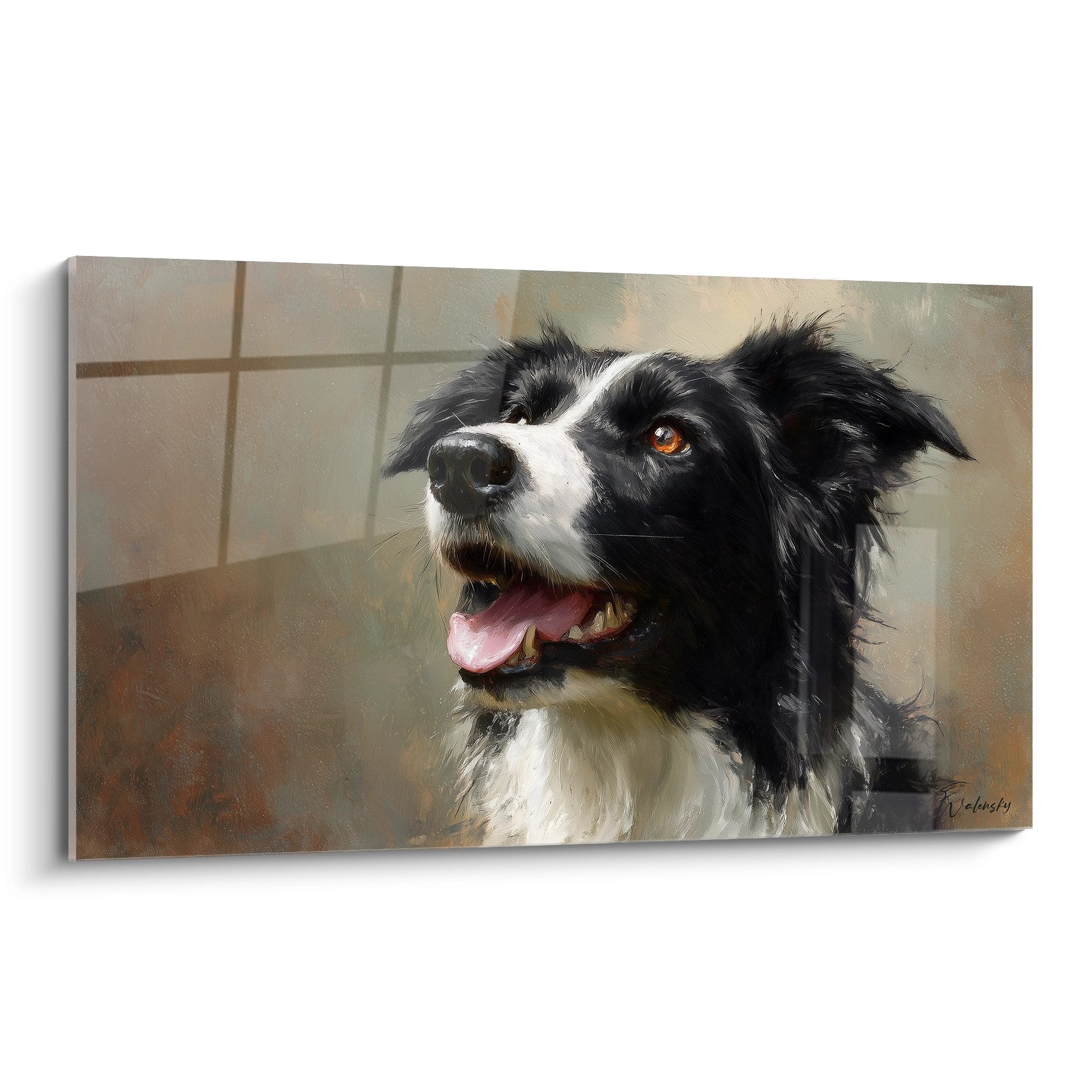 Portrait realiste border collie noir et blanc aux yeux ambres langue rose fond beige tableau mural