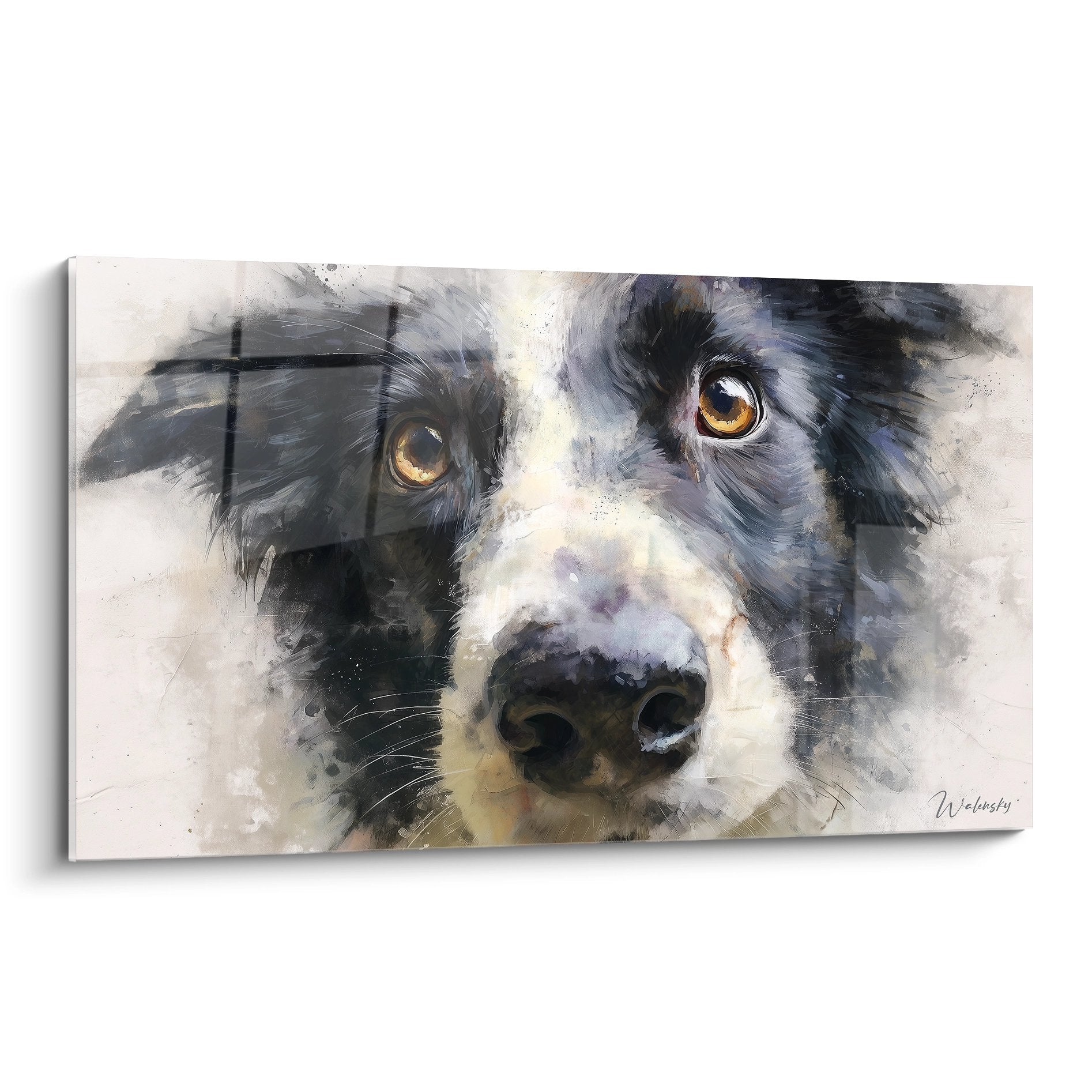 Tableau portrait border collie aux yeux dores peinture murale moderne tons gris blanc art animalier contemporain