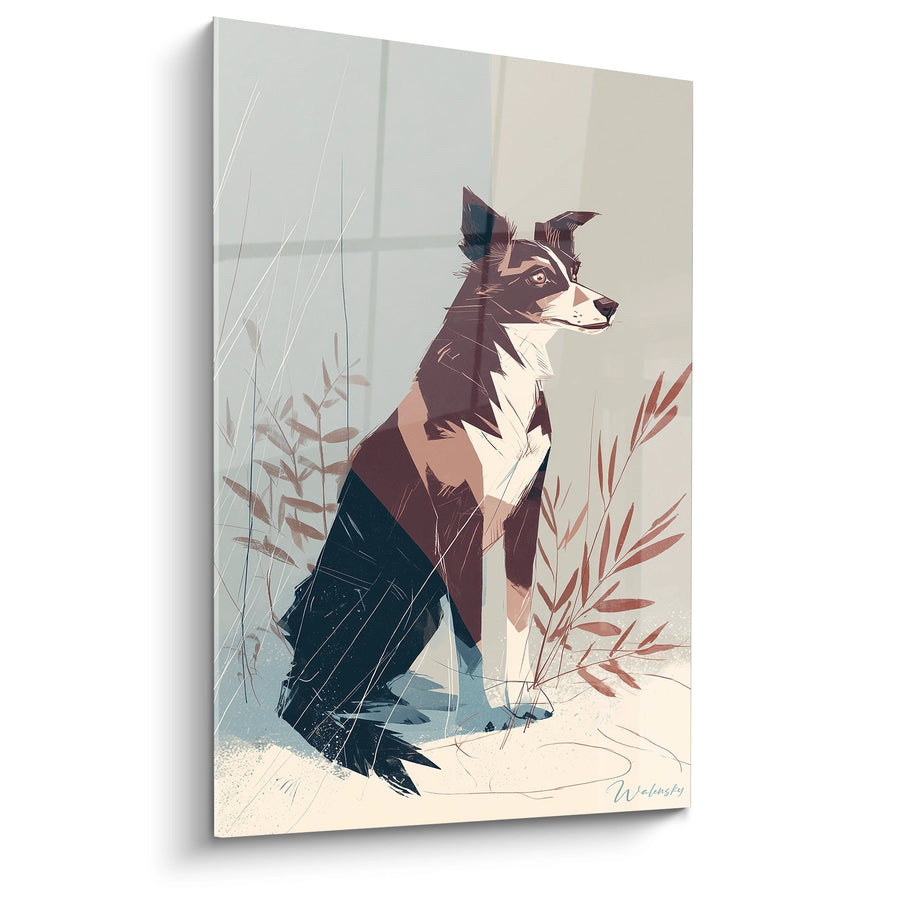 Tableau Border Collie Tricolore Assis dans Prairie Stylisée - Portrait Canin Moderne - Edition Tableau Border Collie