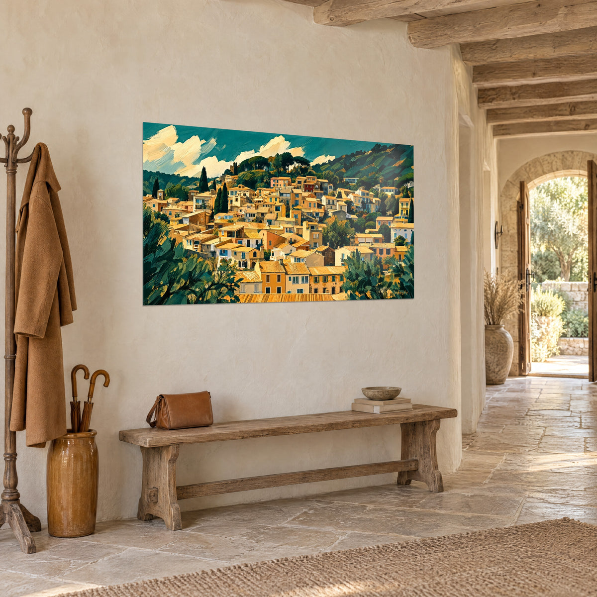 Tableau maisons dorées en grappe sous un ciel turquoise strié de nuages crème, pinceaux épais, mur de pierre et arche ouverte