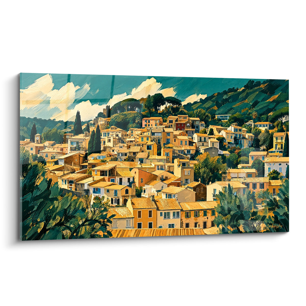 Tableau village provençal ocre et vert sur colline, toits terracotta sous ciel nuageux turquoise