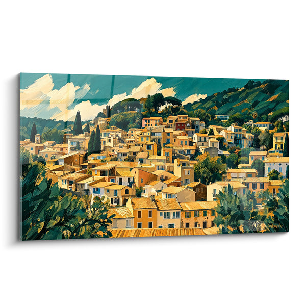 Tableau Village perché ocre et vert collines - Quiétude méditerranéenne - Edition Bormes-les-Mimosas Provence-Alpes-Côte d'Azur France
