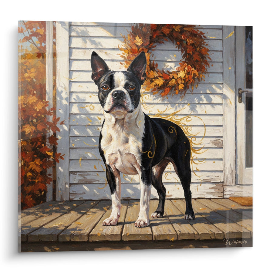Tableau Boston Terrier Automnal sur Terrasse en Bois - Charme d'Automne - Edition Boston Terrier