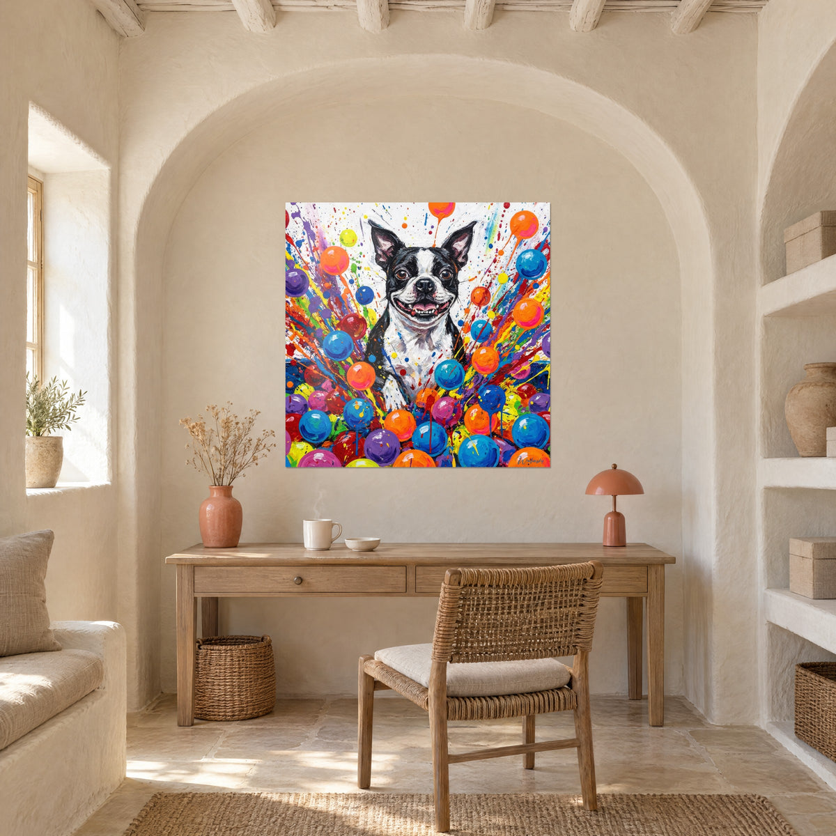 Πίνακας χαρούμενος Boston Terrier σε φόντο πολύχρωμων θραυσμάτων, τυρκουάζ και φούξια μπίλιες, κρεμασμένος σε στρογγυλή κόγχη πάνω από ξύλινο γραφείο