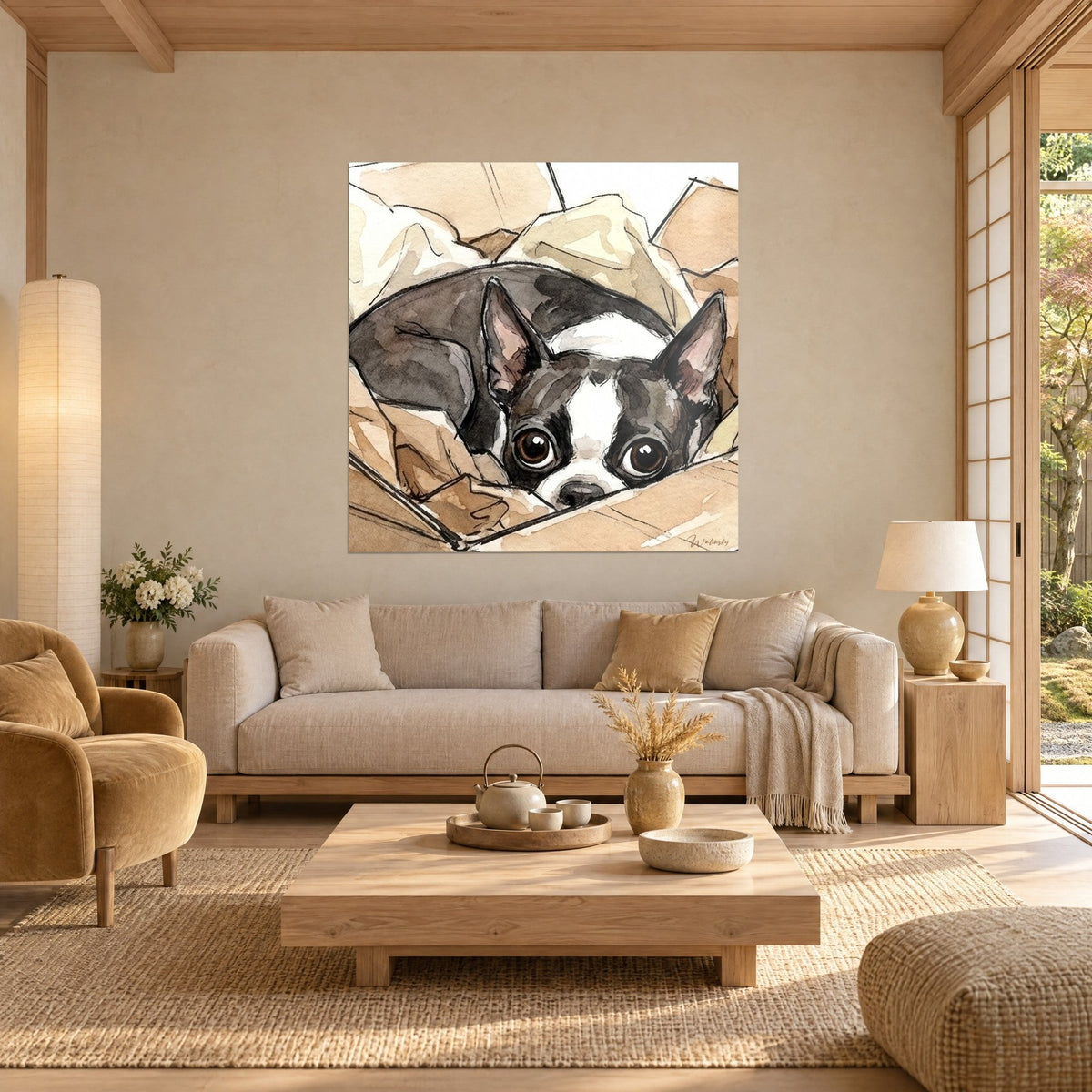 Gemälde Boston Terrier, zusammengerollt in einem braunen Karton, dunkler Blick und schwarz-weißes Fell, über einem Sofa in einem hellen Wohnzimmer