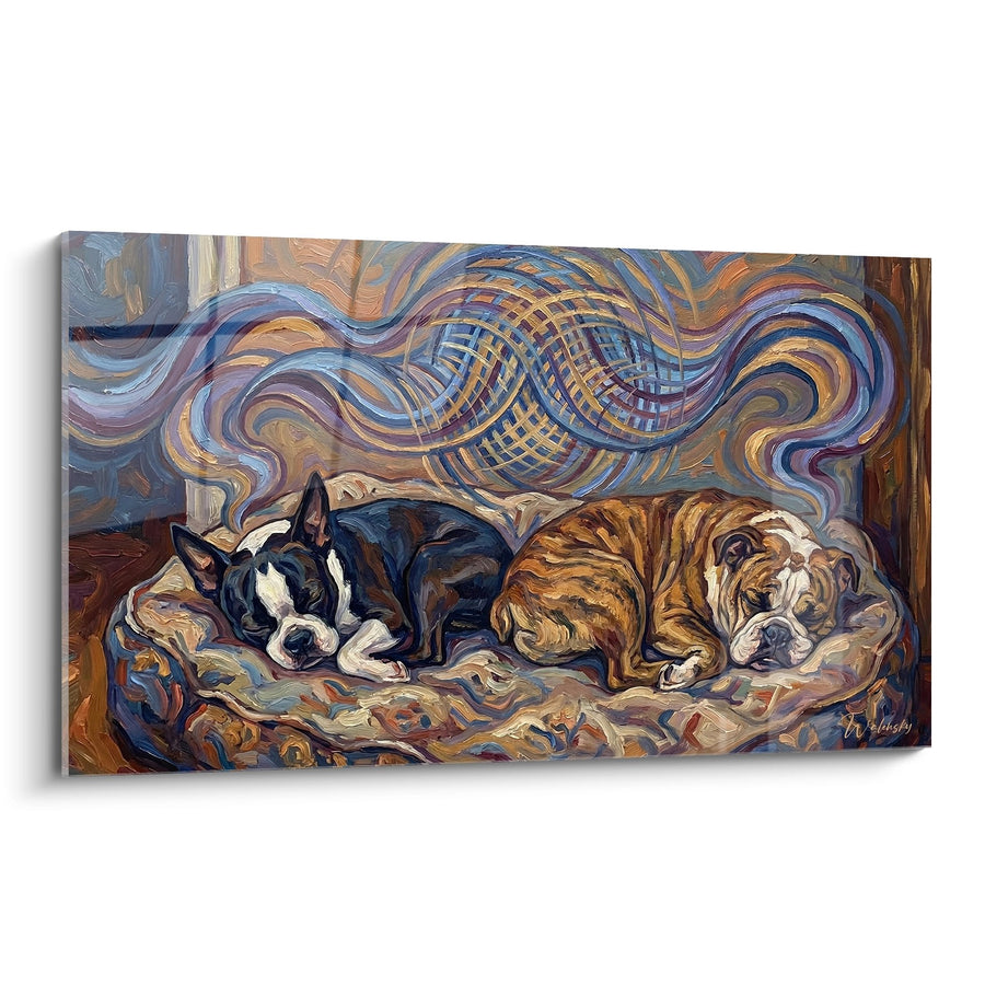 Tableau Deux Chiens Endormis dans un Tourbillon Coloré - Rêverie Paisible - Edition Boston Terrier