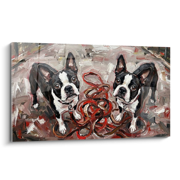 Cuadro Dúo de Boston Terrier Expresivos con Correa Roja - Compañía Canina - Edición Boston Terrier