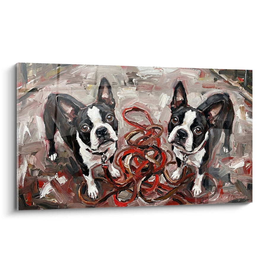 Tableau Duo de Boston Terrier Expressifs avec Laisse Rouge - Complicité Canine - Edition Boston Terrier