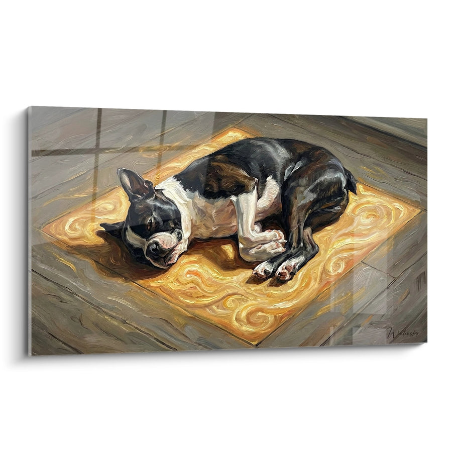 Tableau Boston Terrier Endormi sur Couverture Dorée - Douceur Chaleureuse - Edition Boston Terrier