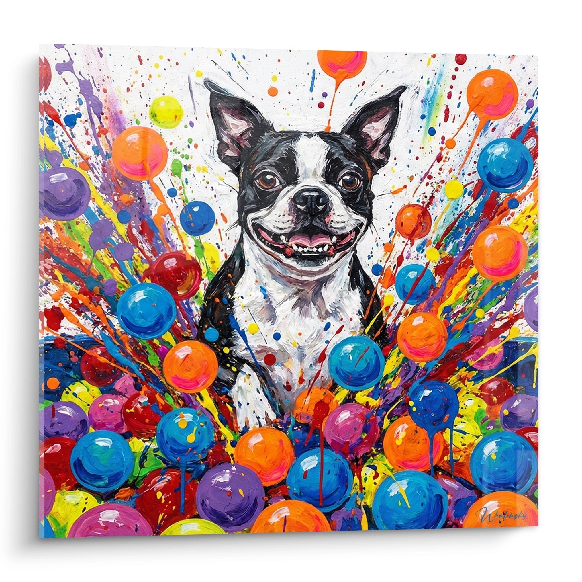 Tableau boston terrier noir blanc souriant explosion couleurs vives bulles multicolores art moderne