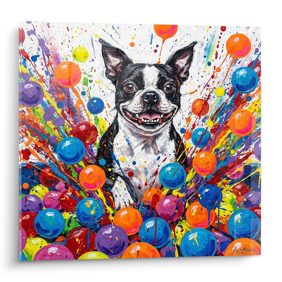 Tableau Boston Terrier Noir et Blanc sur Explosion de Couleurs - Éclat Joyeux - Edition Boston Terrier