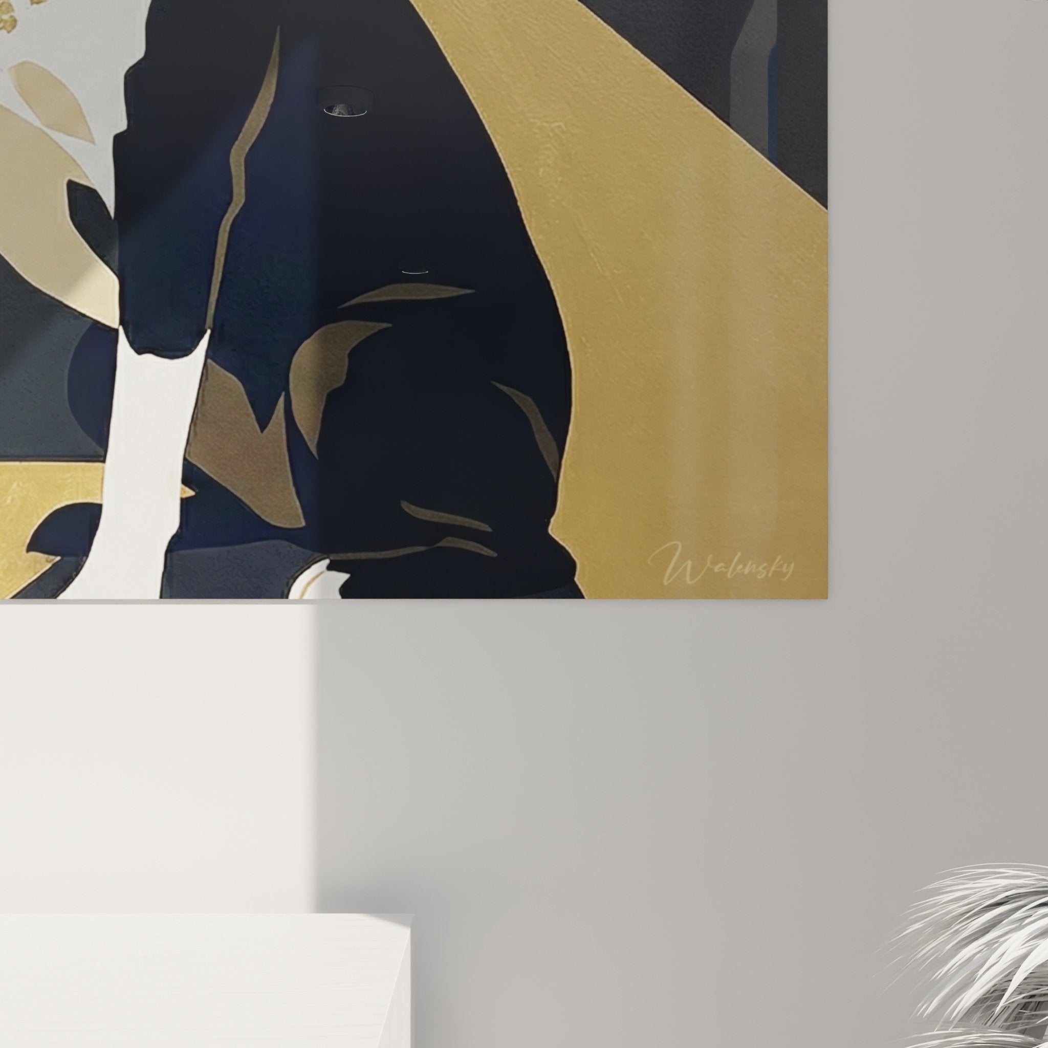 Vue d'ensemble du tableau Boston Terrier en smoking dans un intérieur contemporain élégant