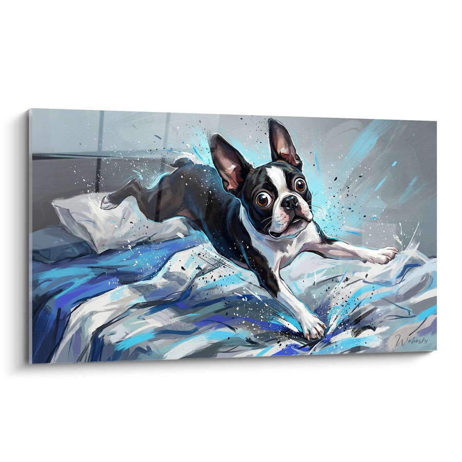 Tableau Boston Terrier Allongé dans un Lit aux Tons Bleus - Repos Artistique - Edition Boston Terrier