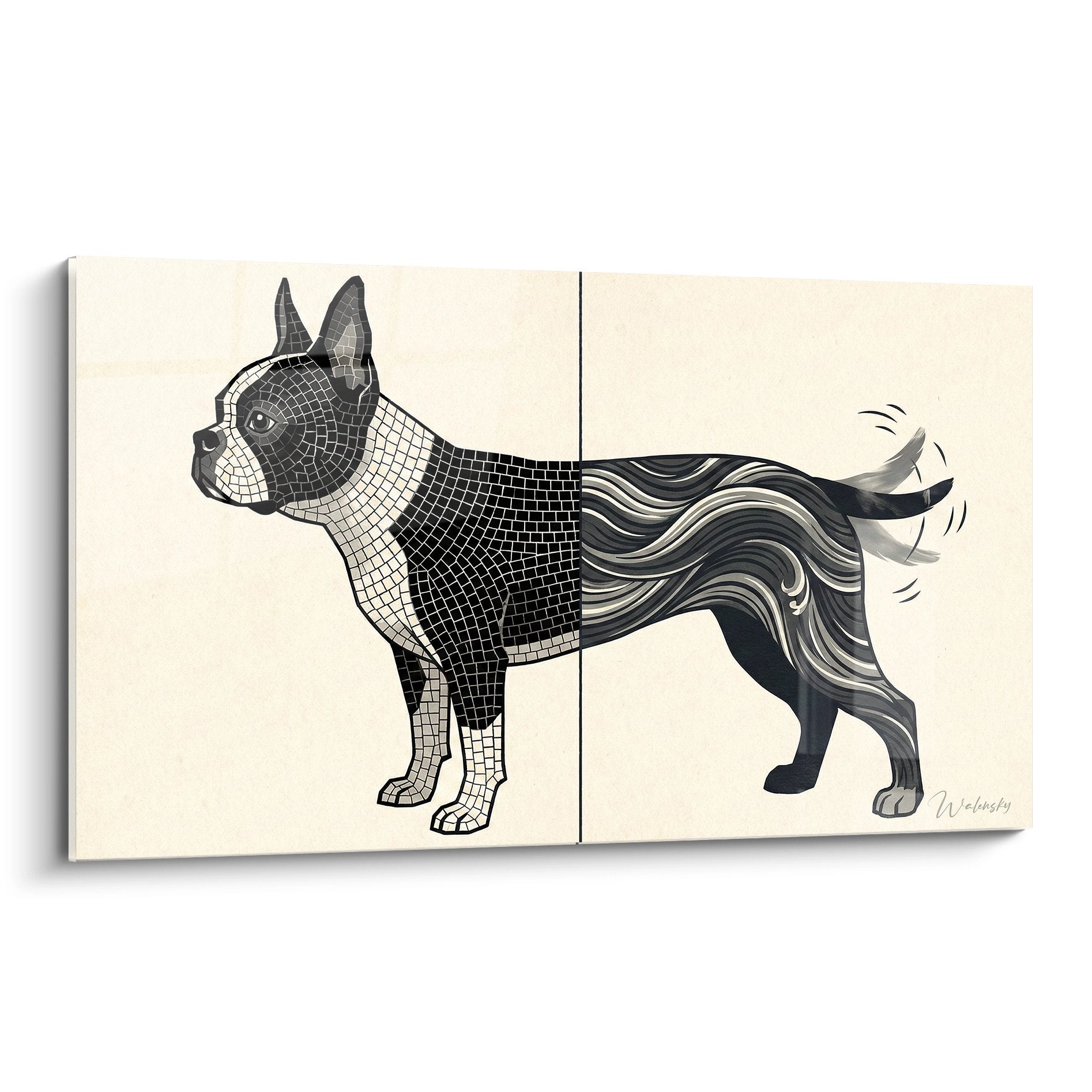 Tableau moderne Boston Terrier mosaïque noire blanche pelage fluide gris fond beige art contemporain