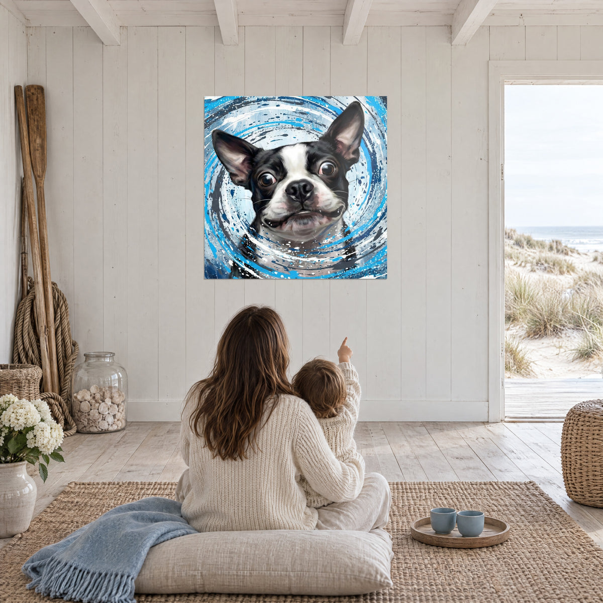 Πίνακας έκπληκτος Boston Terrier, λευκό μέτωπο και καφέ μάτια, σταγόνες σκουρόμπλε σε σπείρα, σε σαλόνι παραλίας με αμμόλοφο στο βάθος
