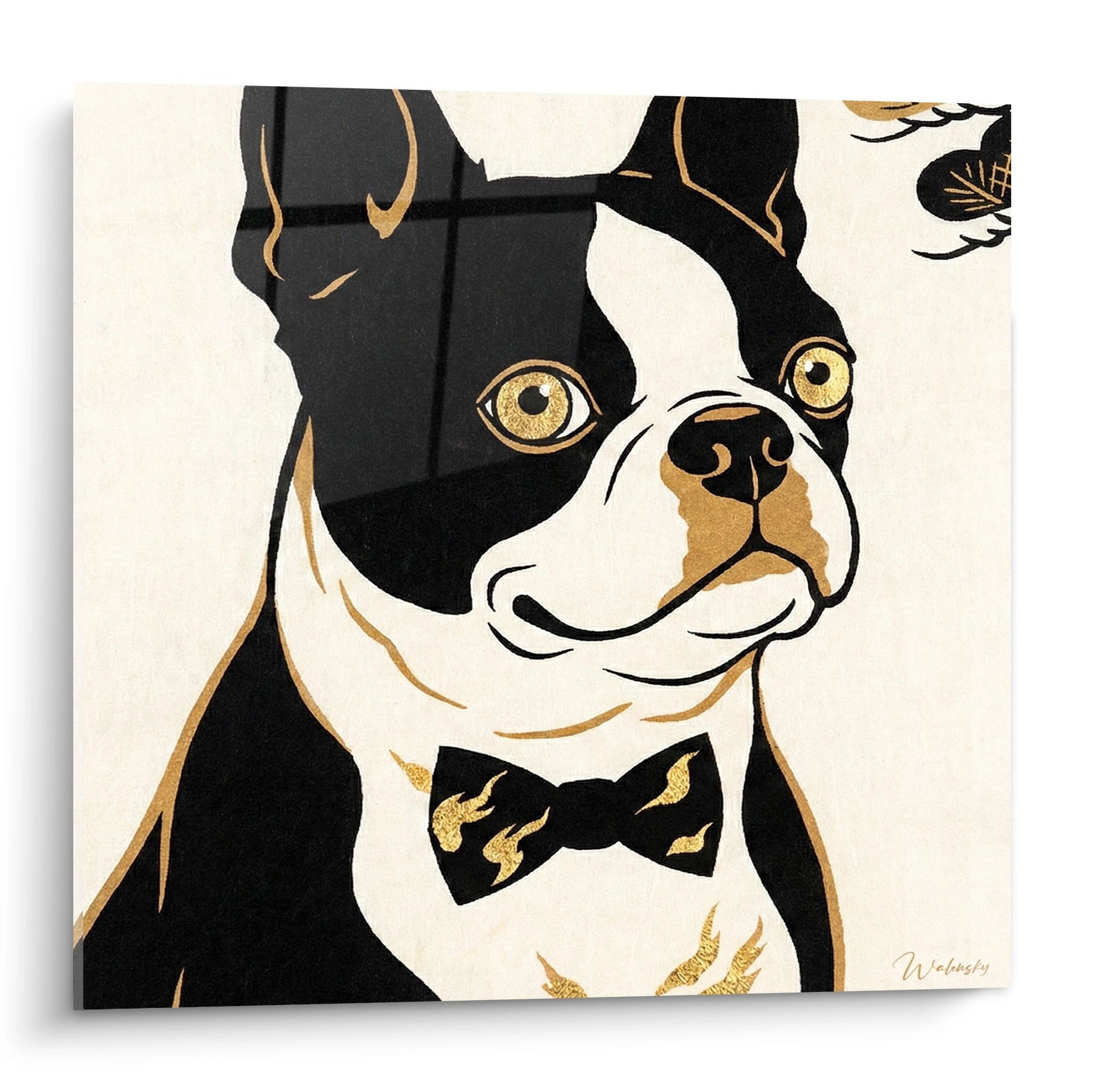 Tableau Boston Terrier noir et blanc avec noeud papillon dore portrait chien elegant art mural moderne