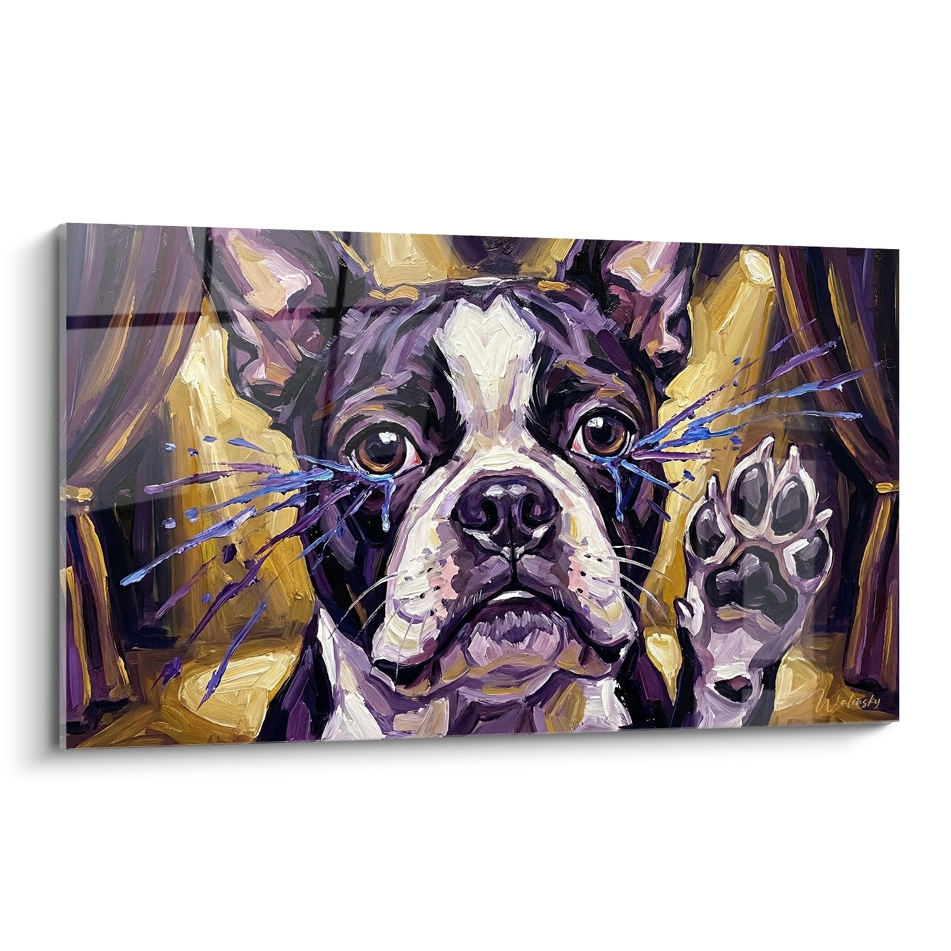 Tableau portrait Boston Terrier aux couleurs violettes et dorées style expressionniste contemporain
