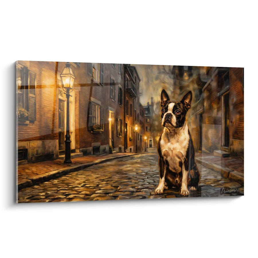 Tableau Boston Terrier Assis sur Pavés sous Réverbères - Charme Urbain Nocturne - Edition Boston Terrier