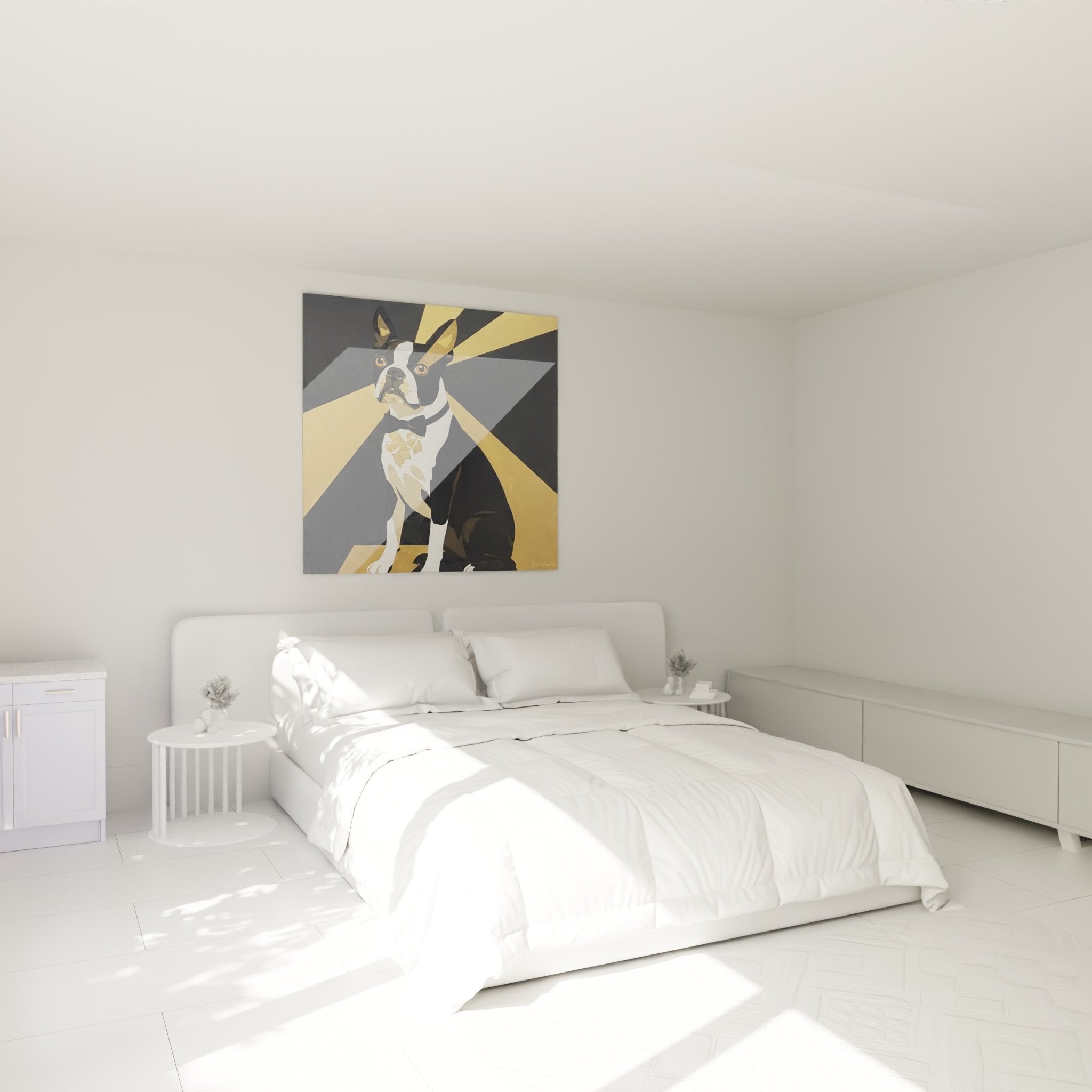 Tableau Boston Terrier gentleman affiché dans une chambre moderne aux tons neutres et dorés