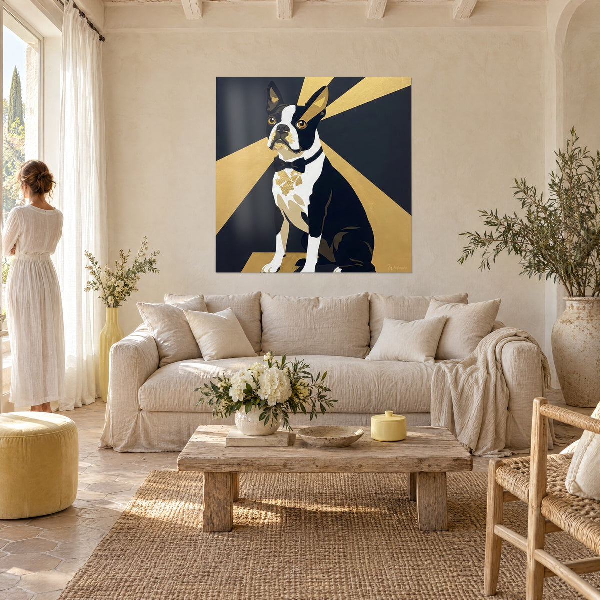 Πίνακας Boston Terrier με μαύρο και λευκό σμόκιν, παπιγιόν, χρυσές ακτίνες, γυναίκα από πίσω, πάνω από καναπέ σε φωτεινό σαλόνι