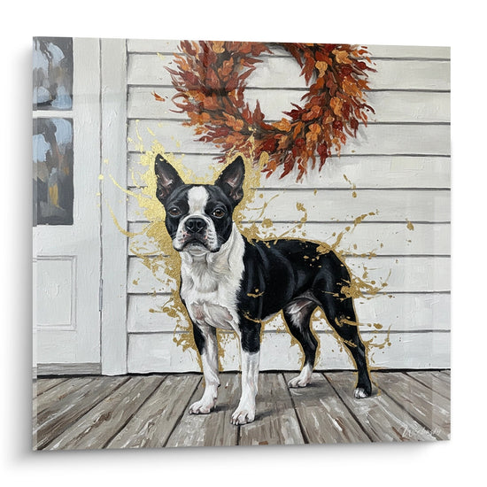 Quadro Boston Terrier in bianco e nero su terrazza con corona di fogliame autunnale e dettagli dorati artistici