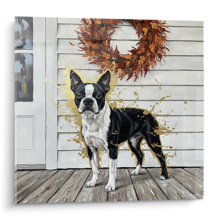 Tableau Boston Terrier Noir et Blanc sur Terrasse d'Automne - Charme Canin - Edition Boston Terrier