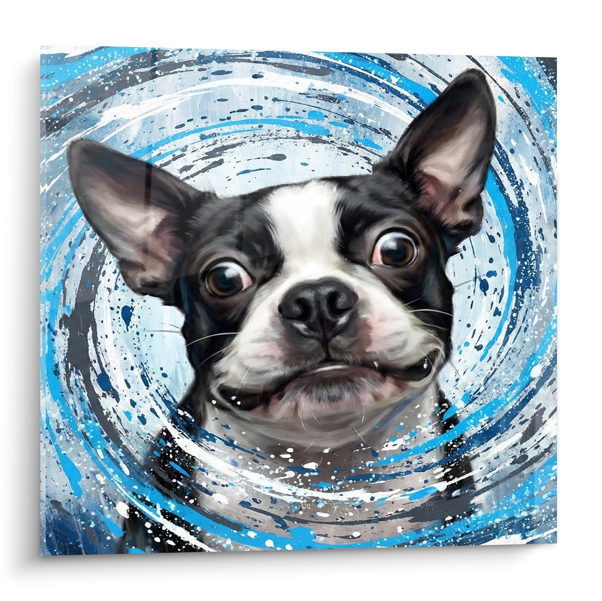 Porträt-Kunstwerk Boston Terrier mit ausdrucksstarken Augen im wirbelnden Cyan-Blau und künstlerischen Farbspritzern