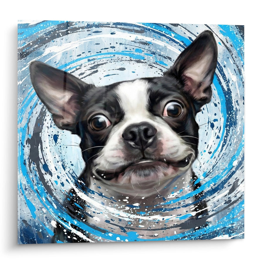 Schilderij van een Boston Terrier met Uitdrukkende Ogen in een Blauwe Wirwar - Dynamisch Portret - Editie Boston Terrier