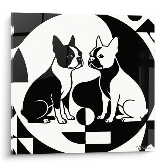 Quadro artistico che rappresenta due Boston Terrier in specchio bianco e nero su sfondo geometrico moderno