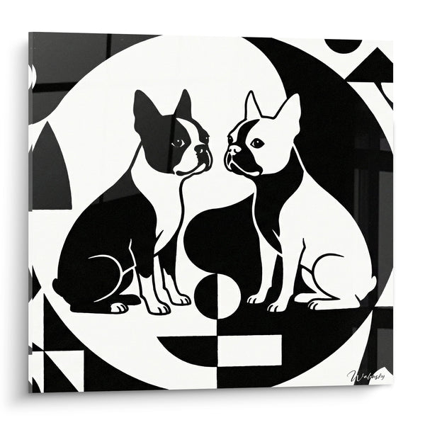 Díptico de Boston Terriers en Espejo Blanco y Negro - Armonía Geométrica - Edición Boston Terrier