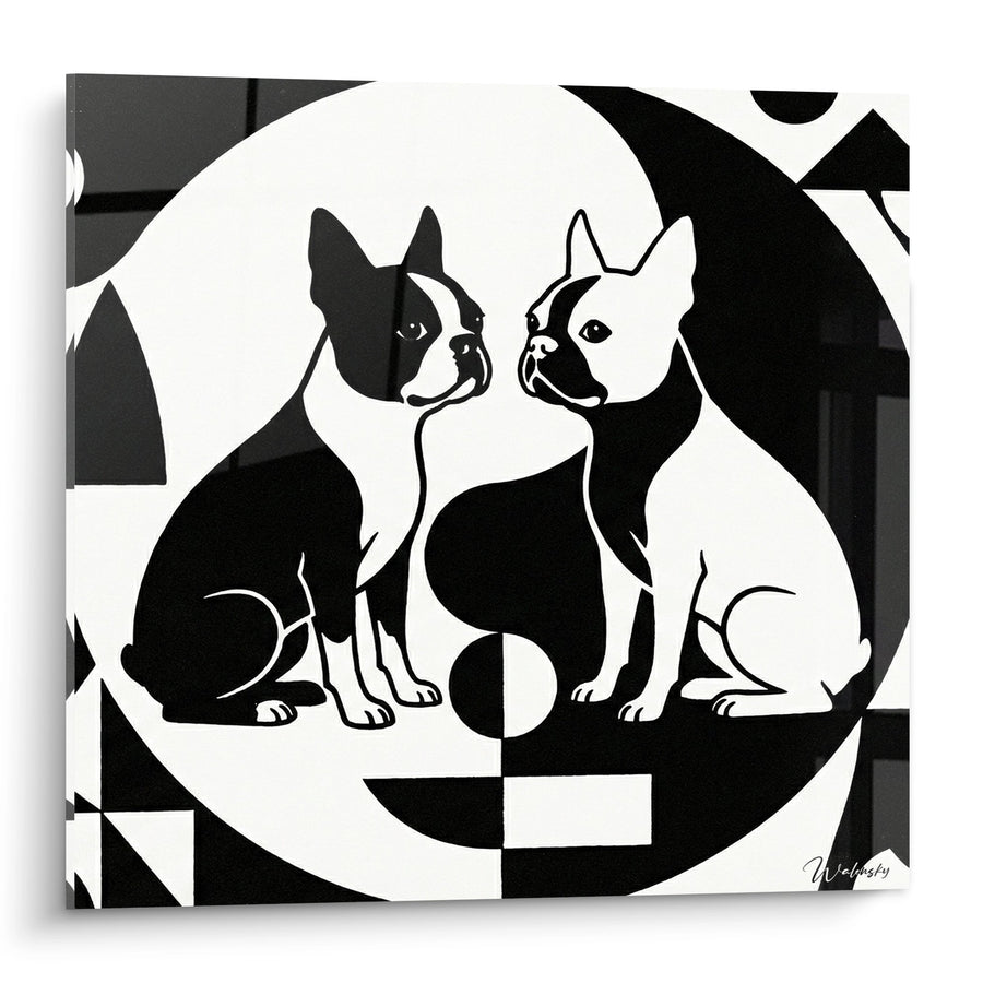 Duo Schilderij van Boston Terriers in Zwart-Wit Spiegelbeeld - Geometrische Harmonie - Editie Boston Terrier