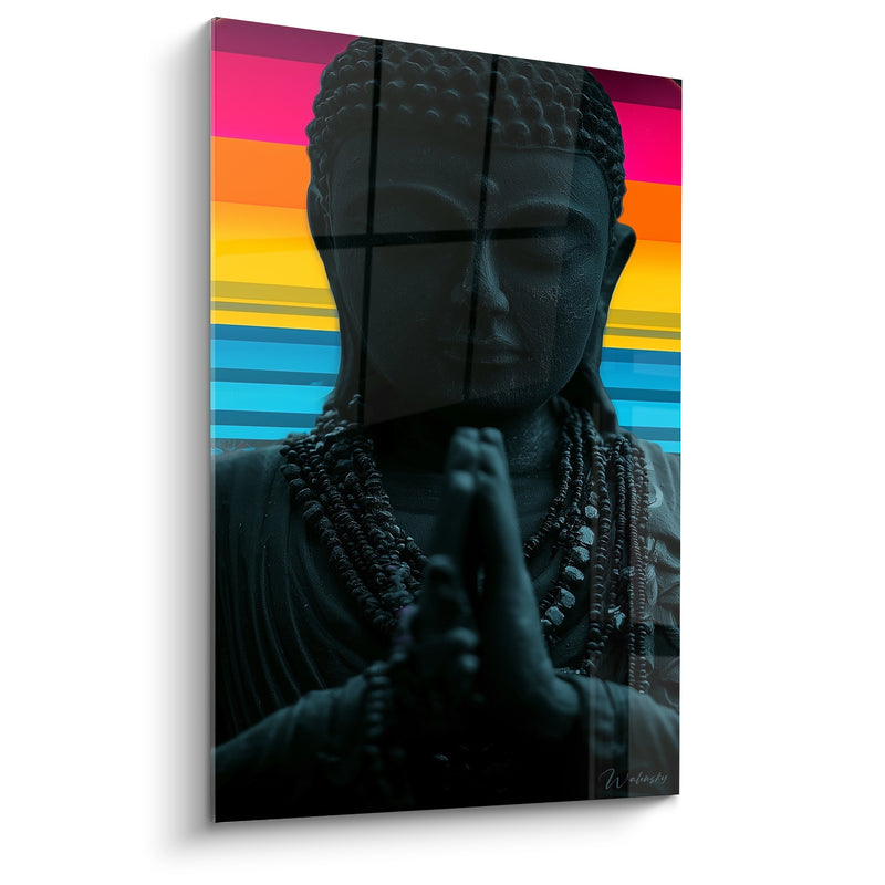 Tableau Statue noire aux bandes fuchsia et turquoise - Colliers de perles noires - Edition Bouddha