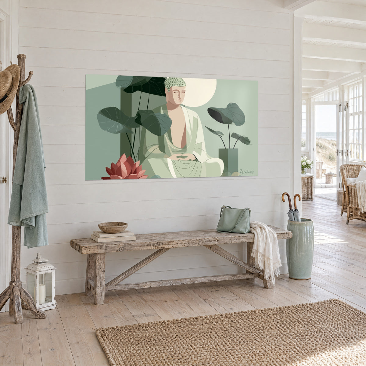 Tableau statue sereine aux yeux clos, grandes feuilles vert profond et fleur corail, sur mur blanc de maison côtière