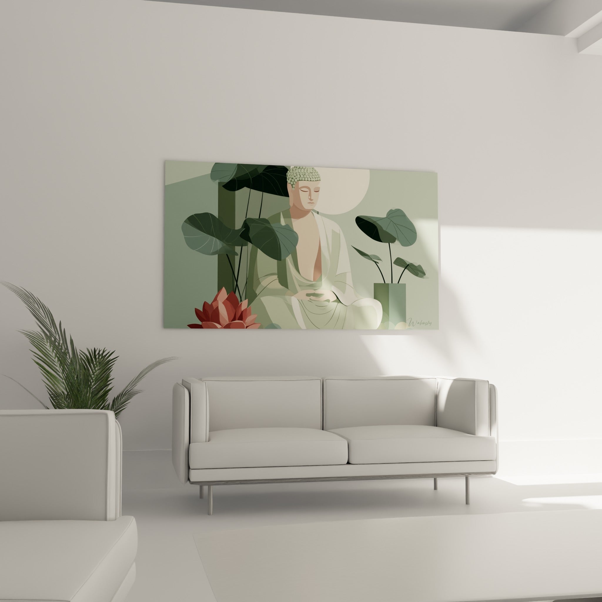 Figure sereine aux teintes anthracite et beige placée au-dessus d'un canapé dans un salon lumineux