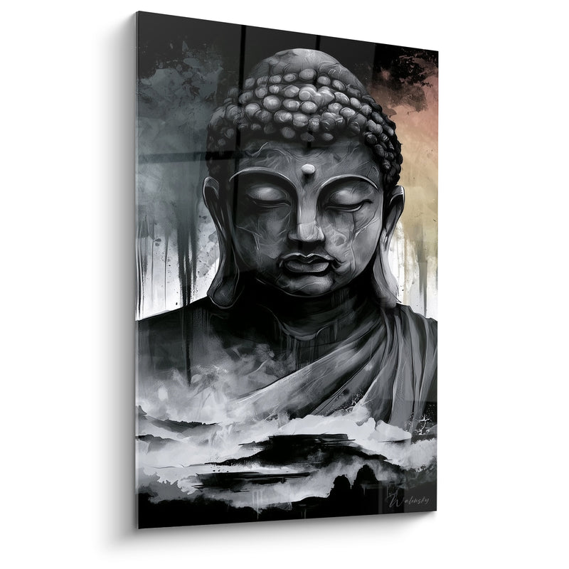Tableau Statue grise et noire aux coulures d'encre - Ciel corail nuageux - Edition Bouddha