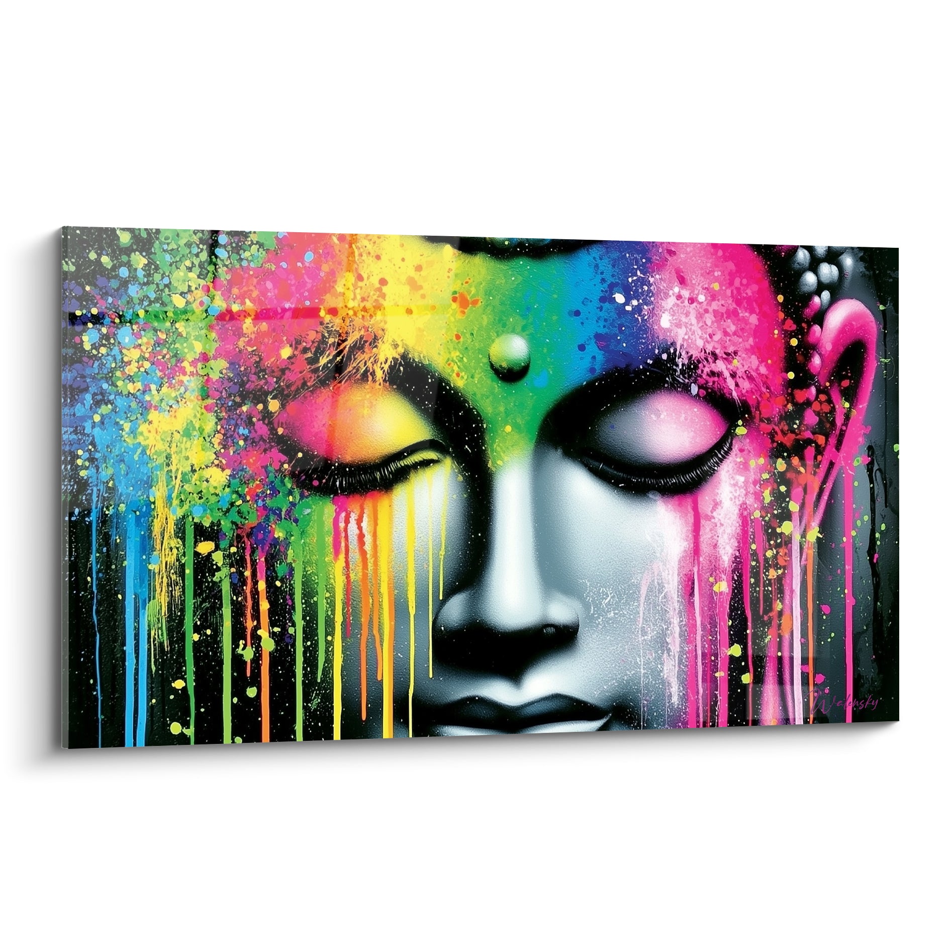 Visage de Bouddha anthracite aux yeux clos, coulures roses et jaunes ruisselant sur fond noir