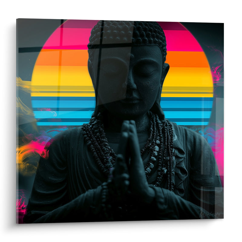 Tableau Statue anthracite aux volutes fuchsia - Sérénité électrique - Edition Bouddha