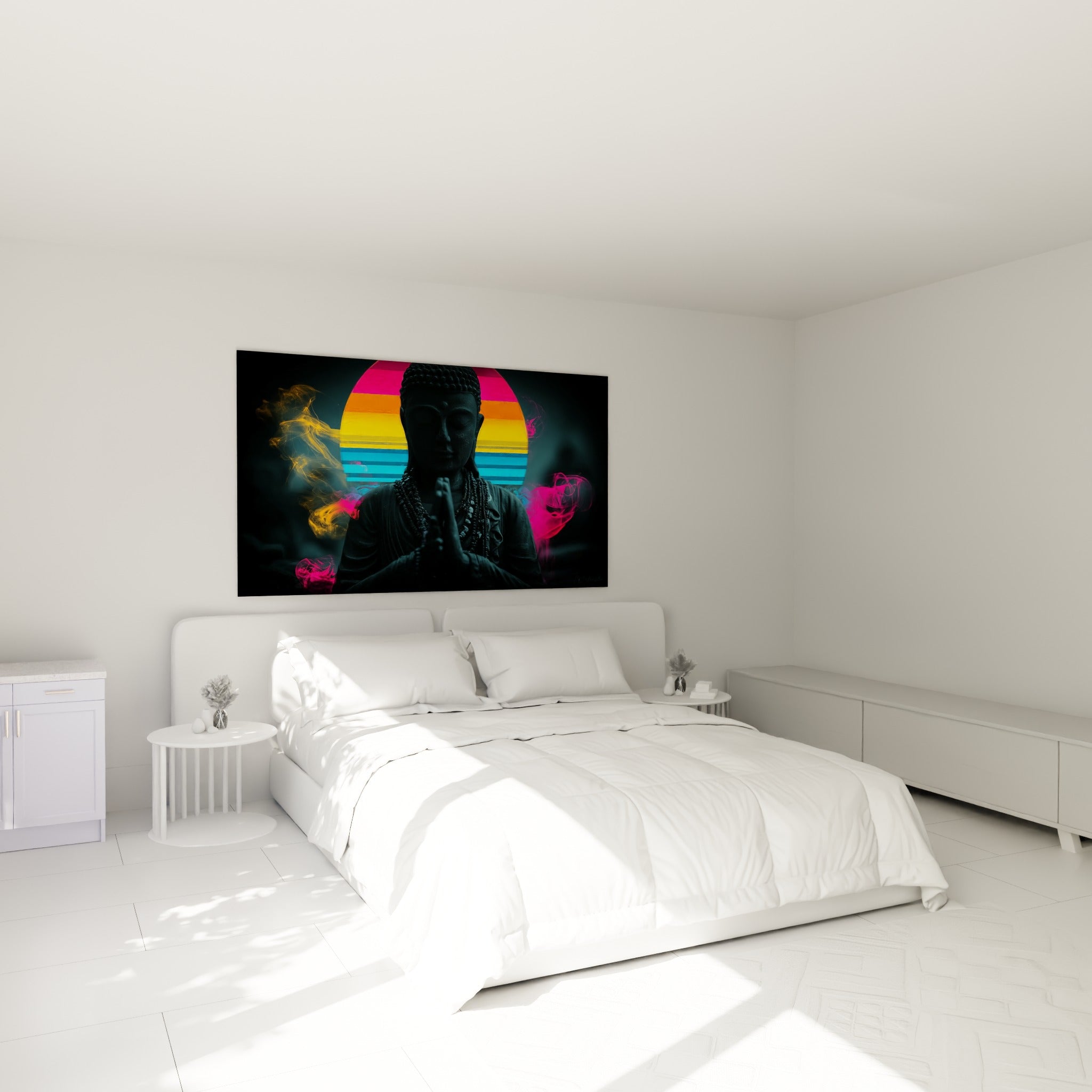Silhouette de Bouddha noire encadrée d'un dégradé orange et fuchsia, au-dessus d'un lit dans une chambre claire