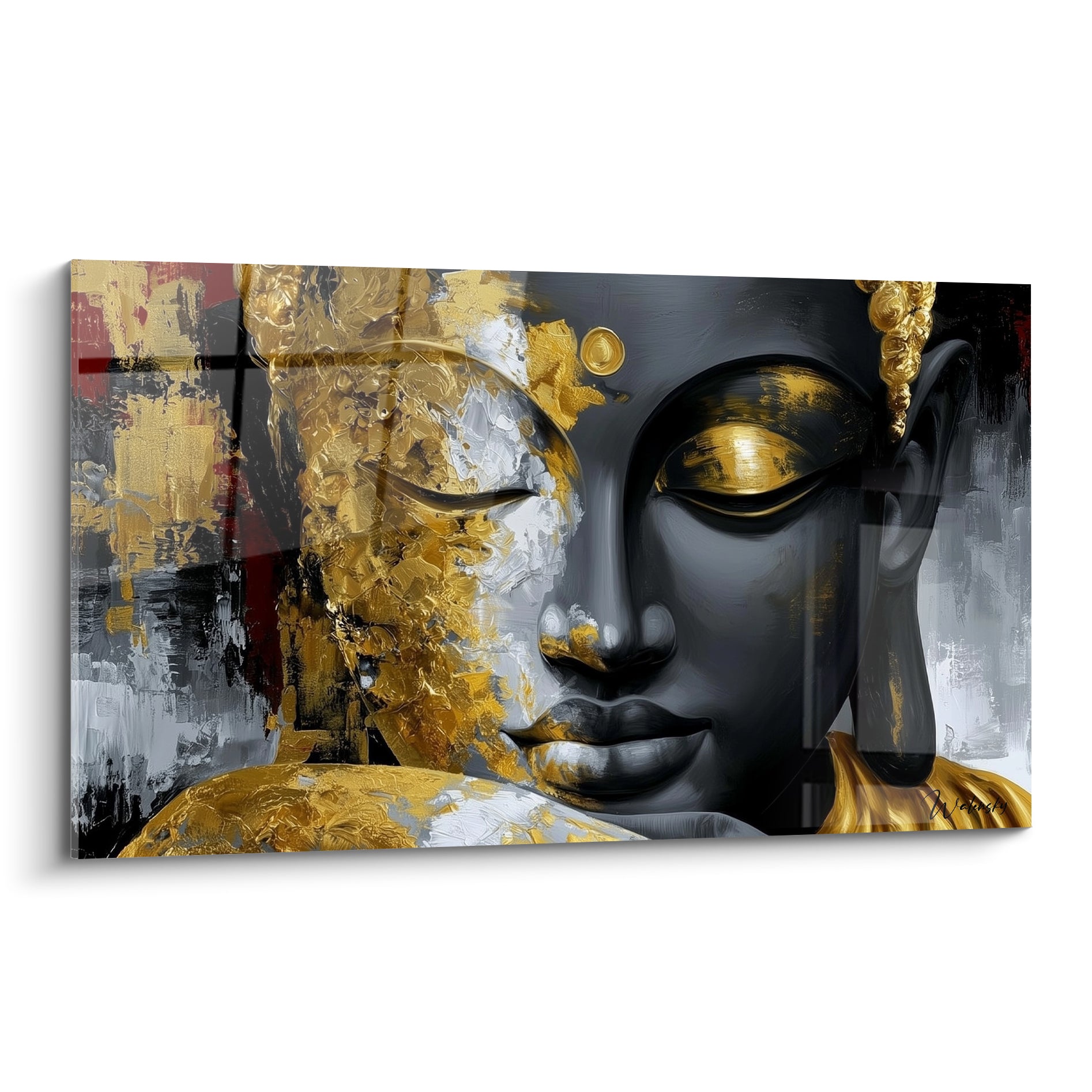 Bouddha au visage anthracite et doré, yeux clos, empâtements épais sur fond texturé bordeaux