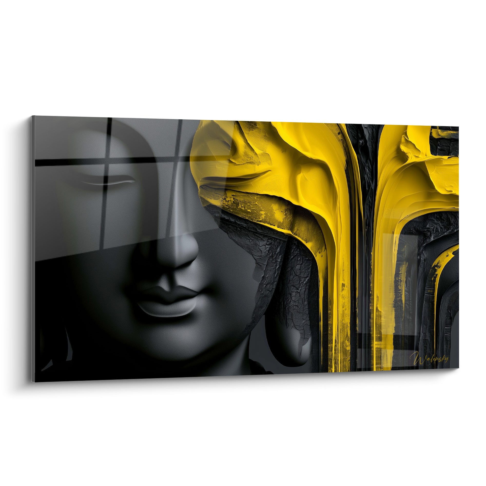 Bouddha sculpté en gris anthracite avec coulures dorées texturées sur fond noir contrasté