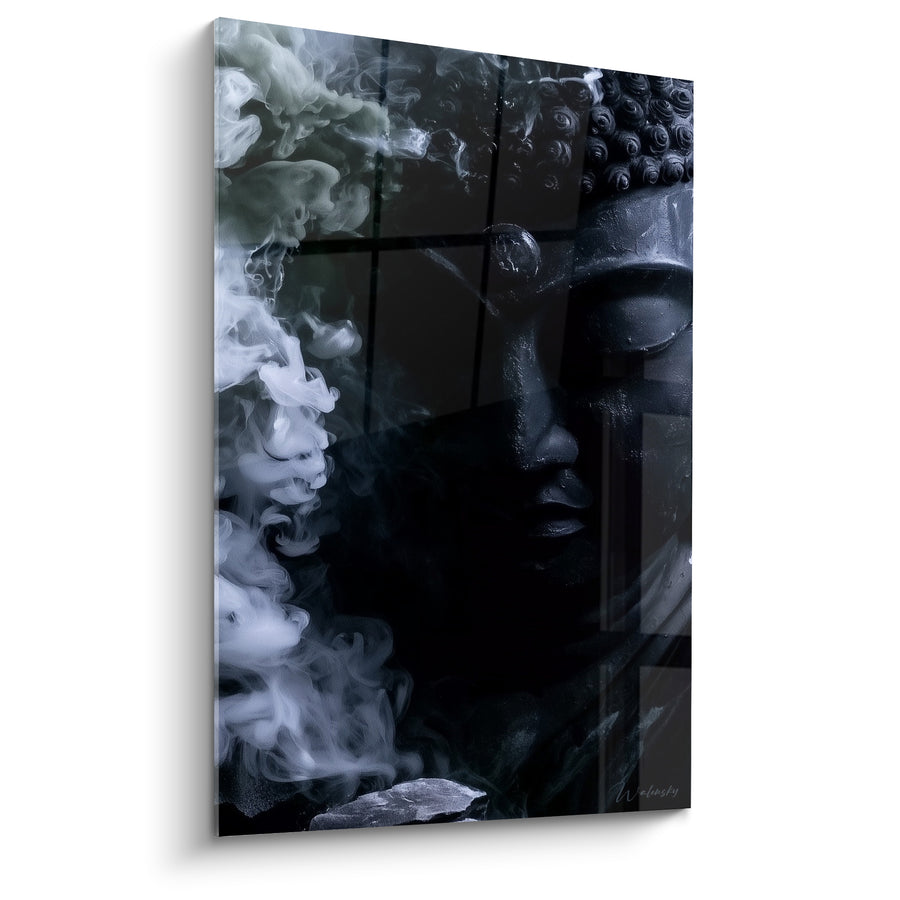 Tableau Visage anthracite enveloppé de fumée blanche - Voile de silence - Edition Bouddha