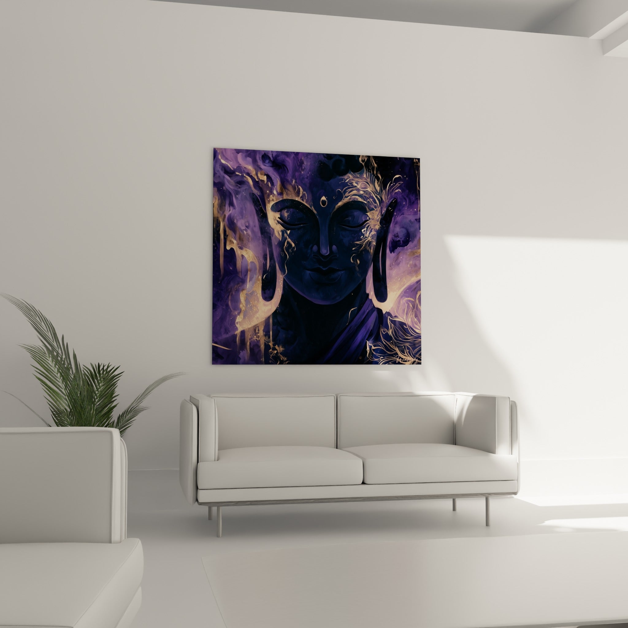 Bouddha en méditation, teintes anthracite et lavande, au-dessus d'un canapé dans un salon lumineux