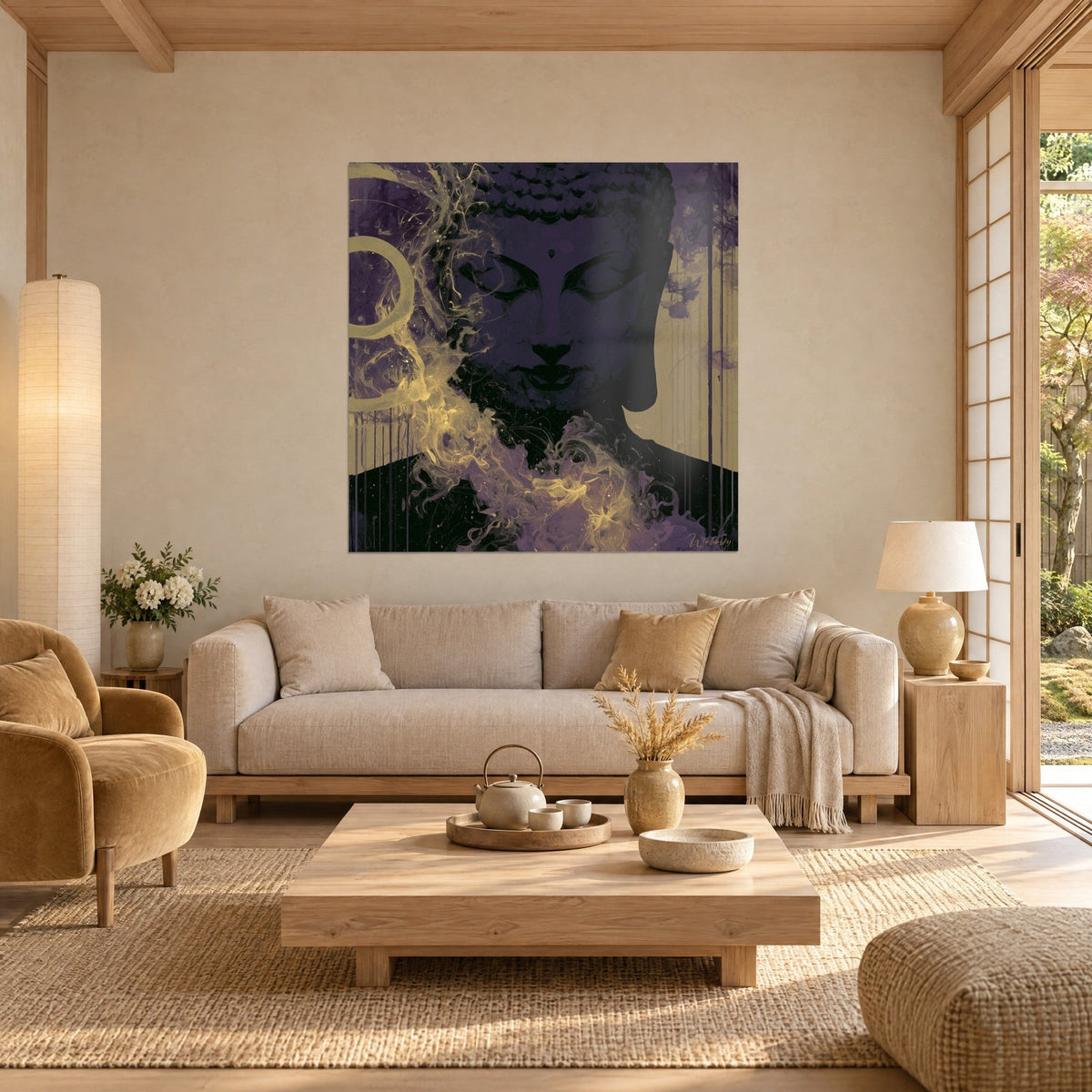 Tableau visage de Bouddha paupières closes, violet profond et or pâle, volutes de fumée, au-dessus d'un canapé dans un salon lumineux