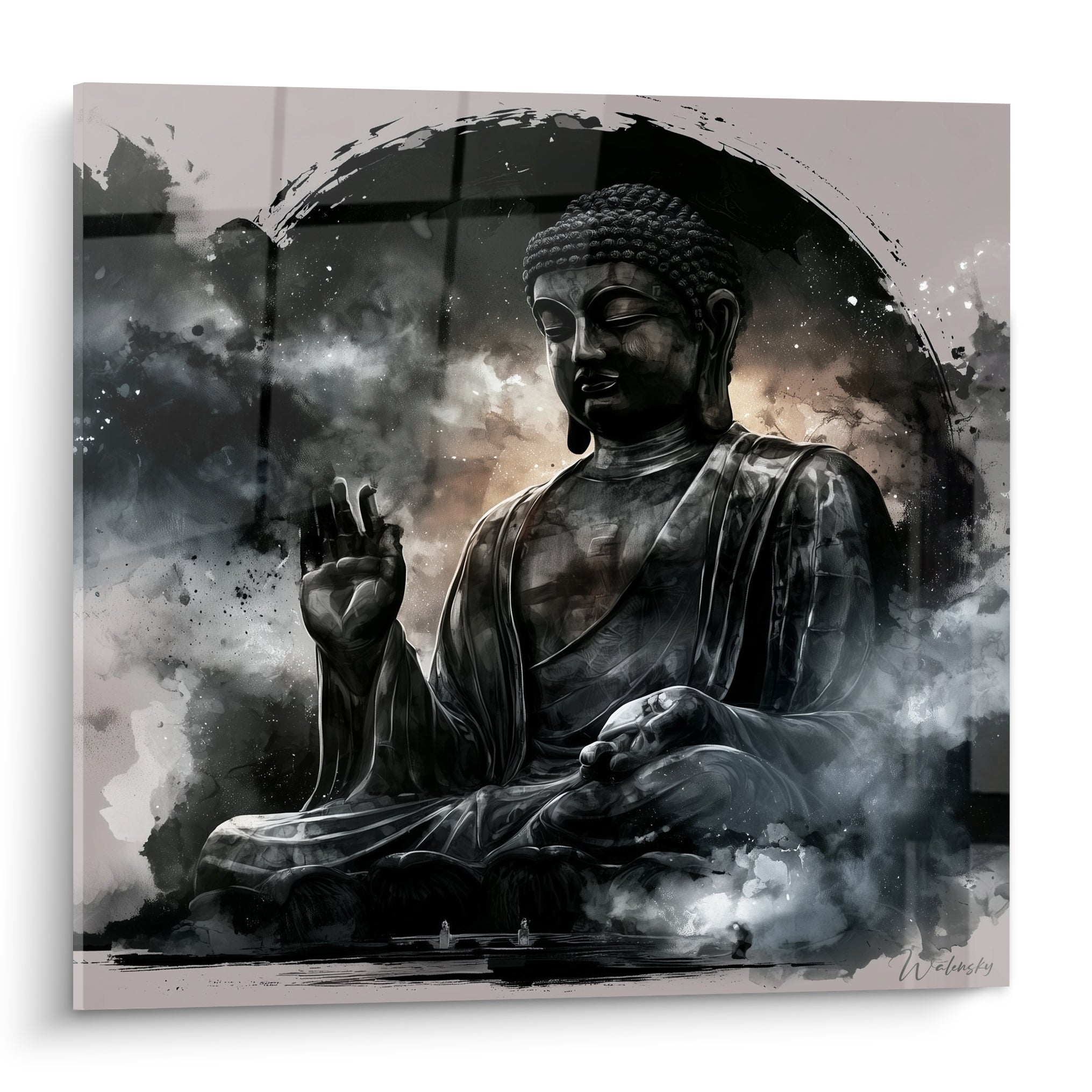 Bouddha anthracite en méditation, main levée, drapé gris perle et fumée noire