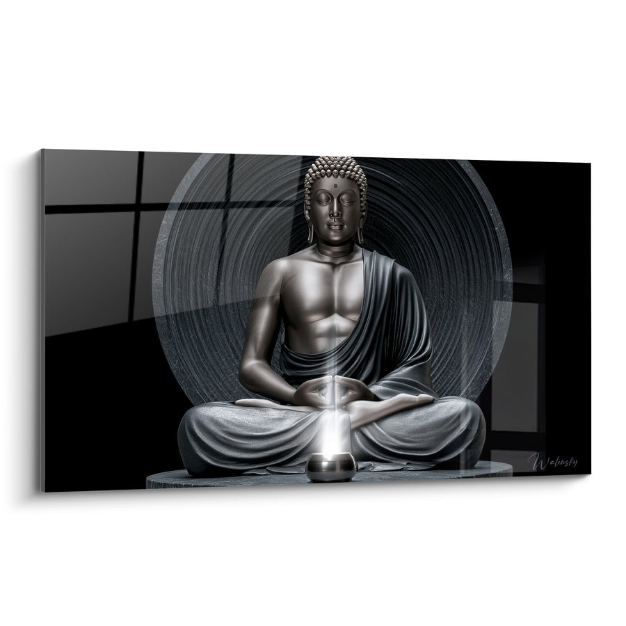 Tableau Statue argentée et noire au globe lumineux - Cercle spiralé en arrière-plan - Edition Bouddha