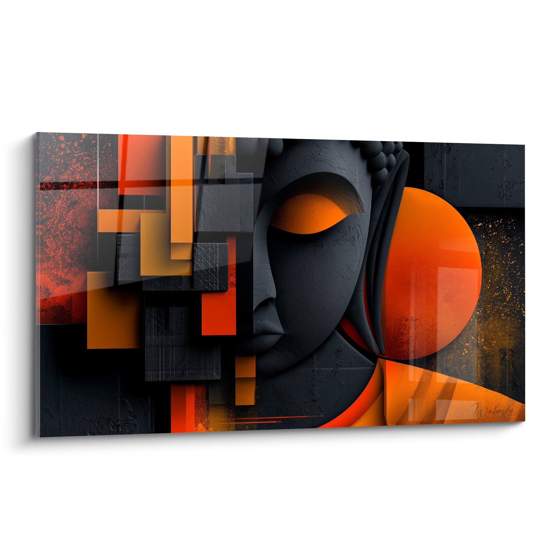 Bouddha anthracite aux yeux clos entouré de blocs orange et ocre géométriques éclatants