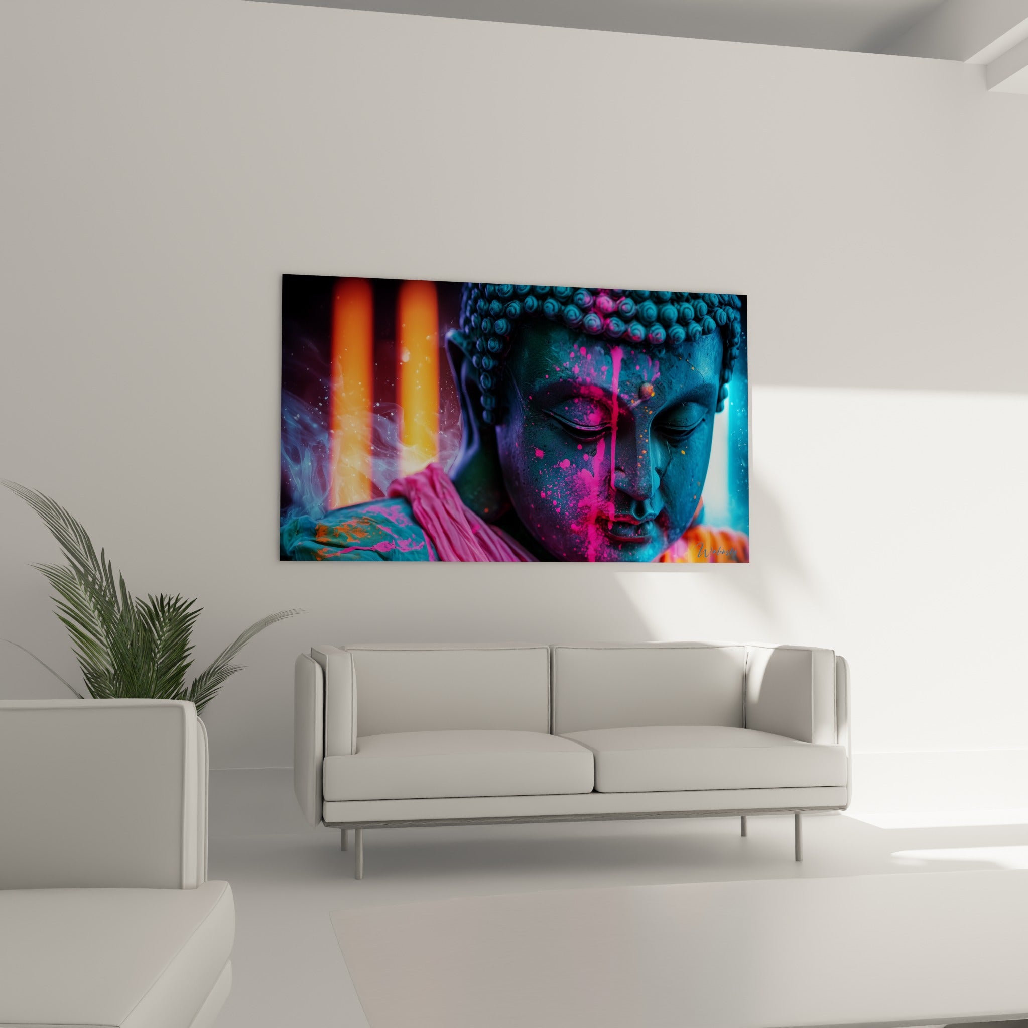 Statue de Bouddha bleu profond et rose fluo au-dessus d'un canapé dans un salon lumineux