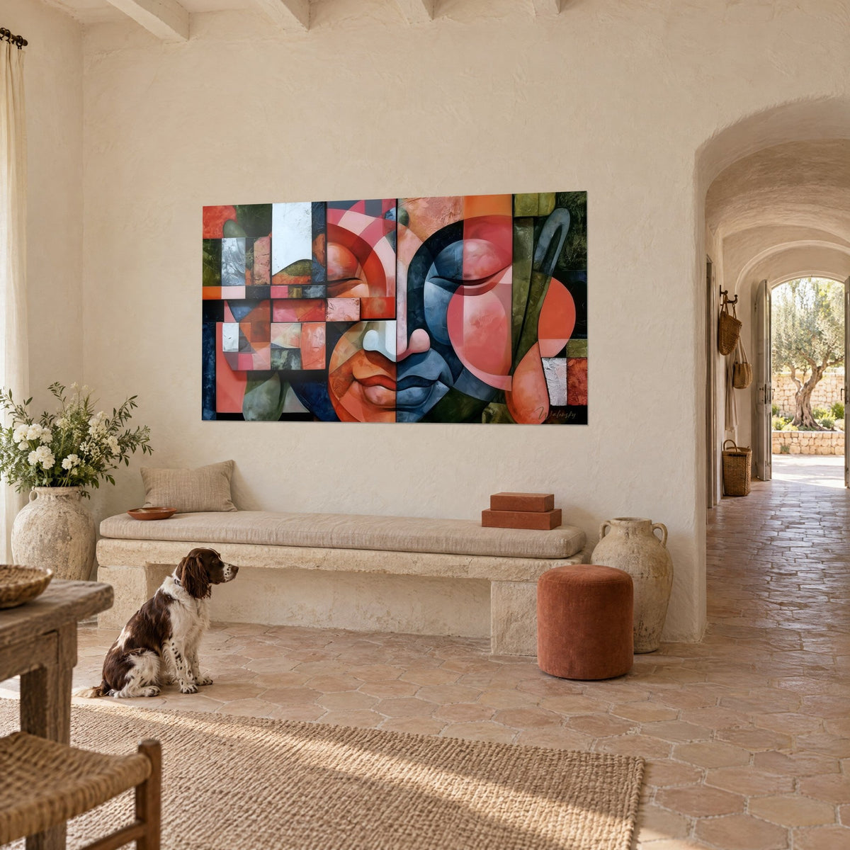 Quadro Buddha con le palpebre chiuse, piani arancio e ardesia, toni oliva, sulla parete di un corridoio a volta, uno spaniel seduto davanti
