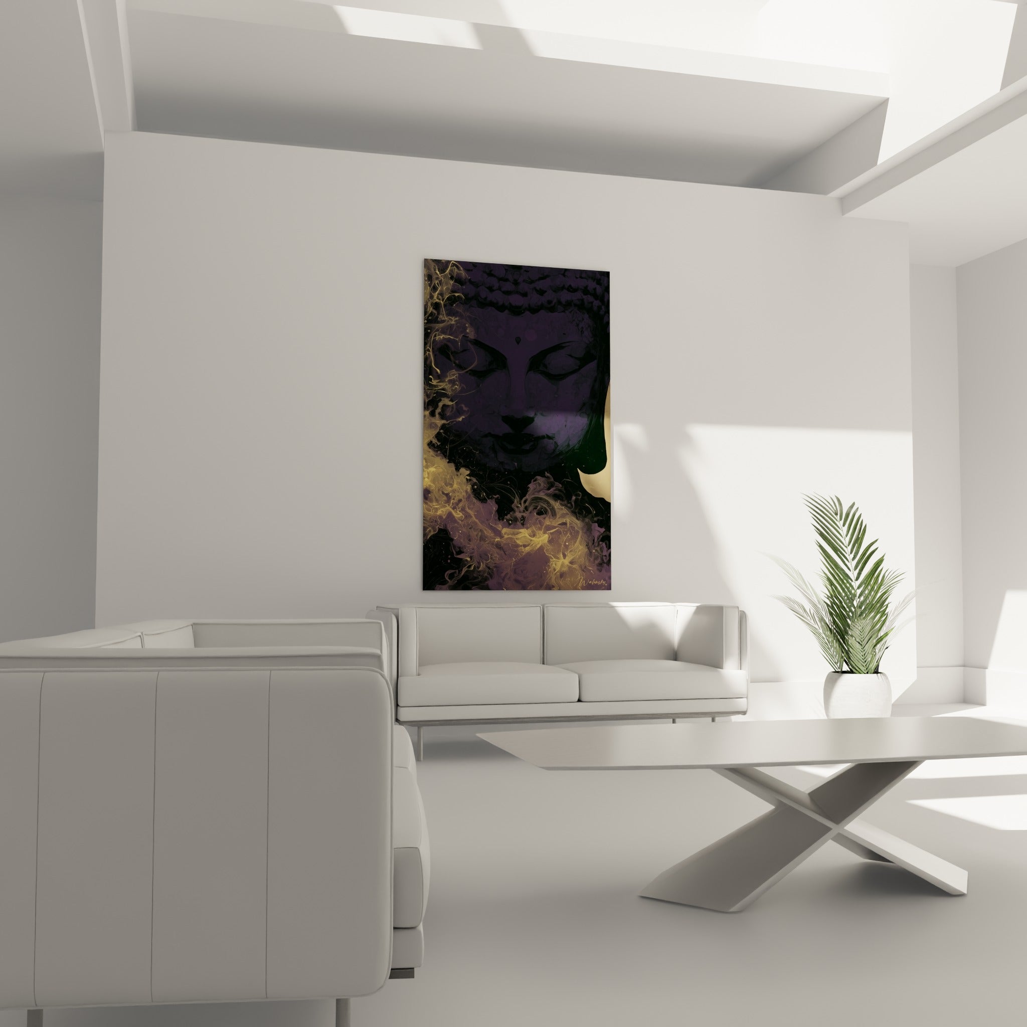 Contemplation du Bouddha aux tons ocre et violet foncé au-dessus d'un canapé dans un salon lumineux