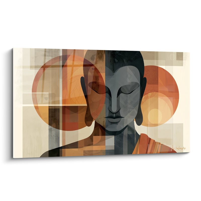 Tableau Visage anthracite et orange aux cercles superposés - Damier ivoire géométrique - Edition Bouddha
